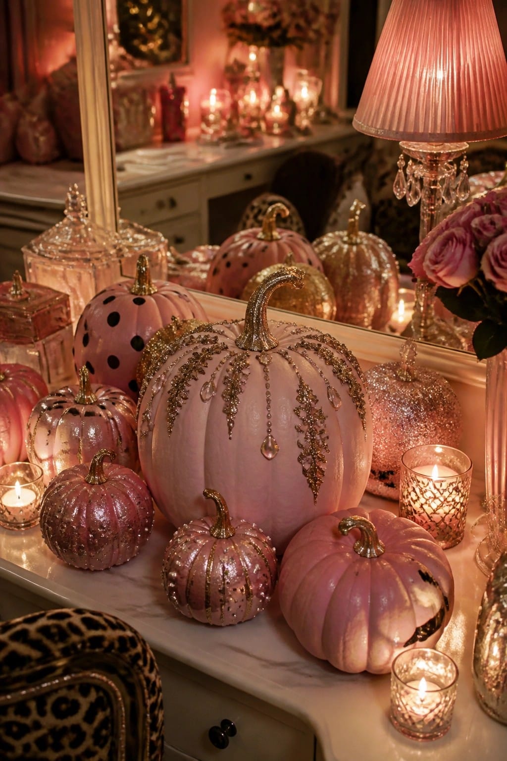 A white marble surface holds multiple pink pumpkins decorated with glitter, polka dots, gold accents, and jewels, surrounded by lit candles.