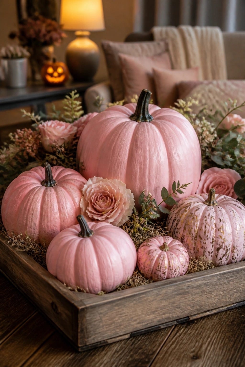 Wooden tray holding several pink painted pumpkins of different sizes, some with gold accents, arranged with pink roses and greenery on a dark wood table.