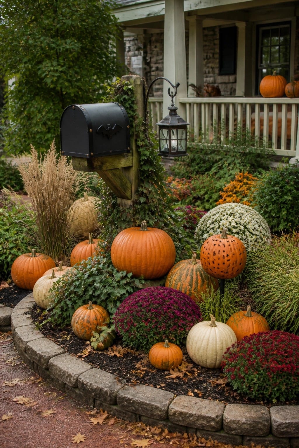 Black mailbox with bat cutout next to a carved pumpkin in a stone-bordered bed filled with orange and white pumpkins.