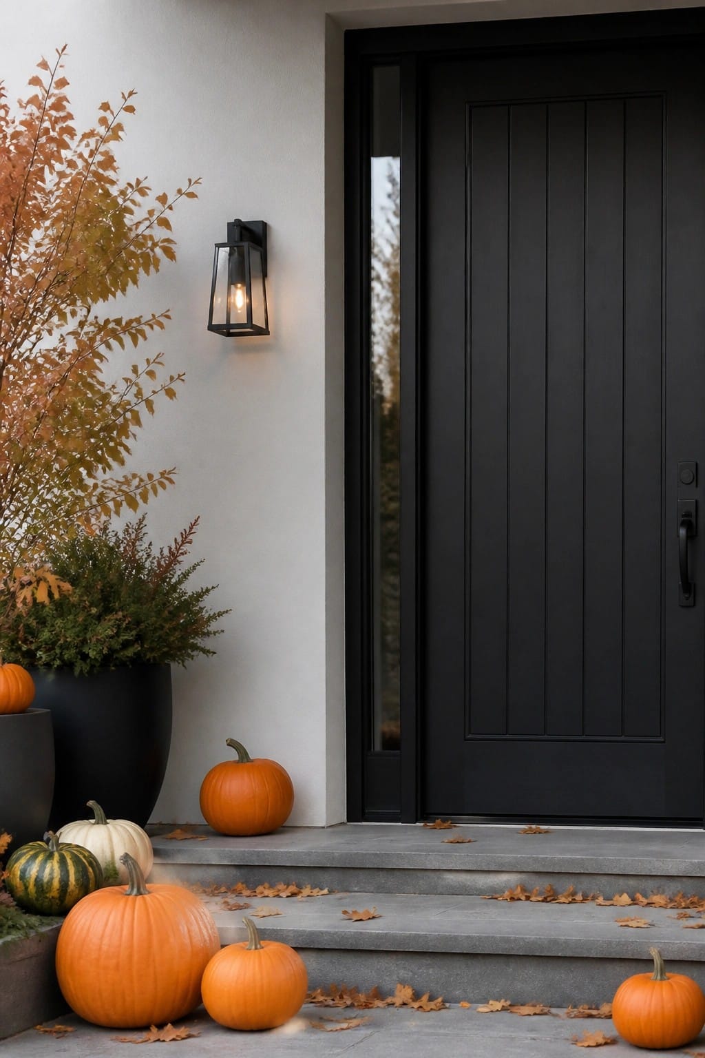 Black door entrance with pumpkins, autumn leaves on gray steps and potted plants