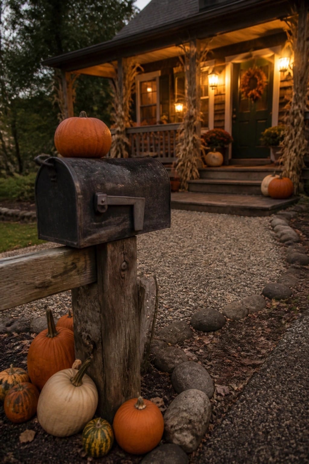 Rustic black mailbox on post surrounded by colorful pumpkins near autumn-decorated house at dusk.