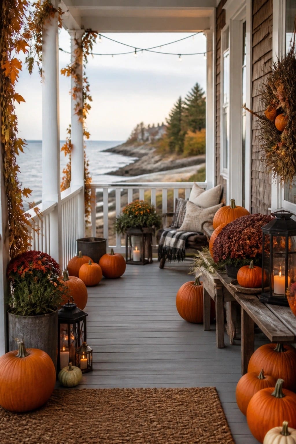 Wooden front porch lined with orange pumpkins of various sizes, black lanterns, and potted mums overlooking a coastal view.