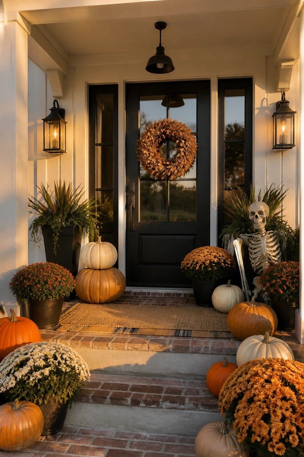 Front porch decorated with a large skeleton figure positioned among pumpkins and orange mums next to a black front door.