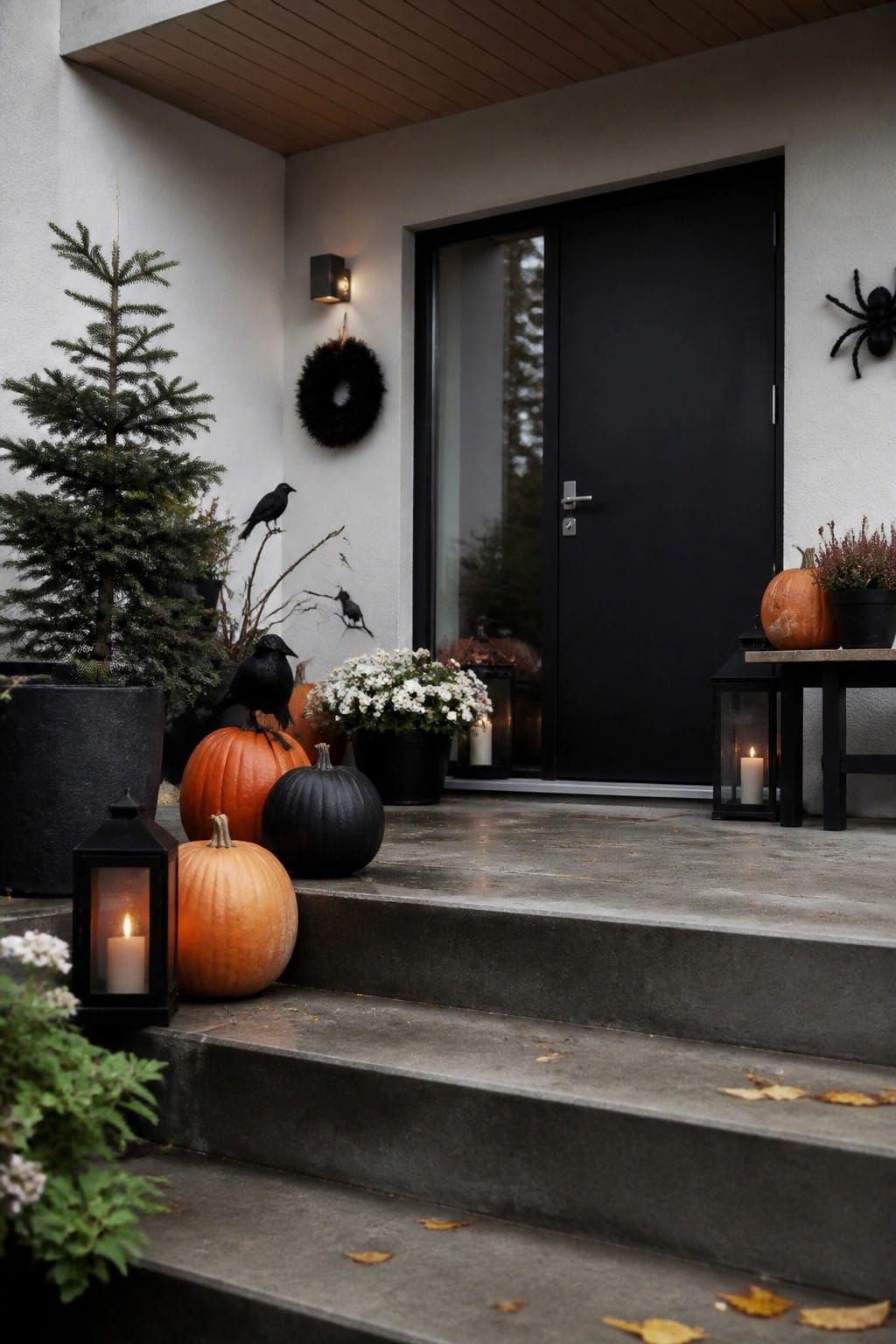 Front porch steps decorated with orange and black pumpkins, black crows perched among them, a black wreath, and a spider accent near a dark front door.