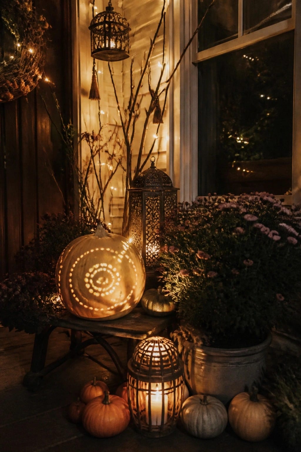 Front porch at night with a large carved pumpkin featuring a glowing spiral design on a wooden bench, surrounded by metal lanterns and small pumpkins.
