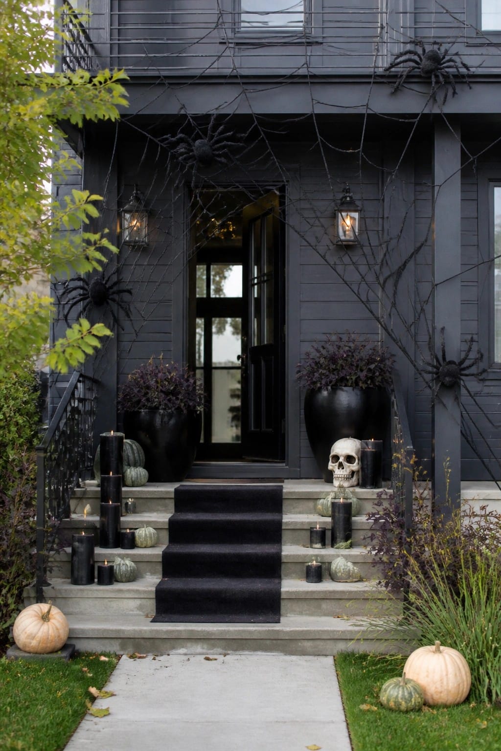 Front porch covered in large black spiderwebs with oversized spiders, black candles, a skull, and pumpkins arranged on the steps of a dark house.