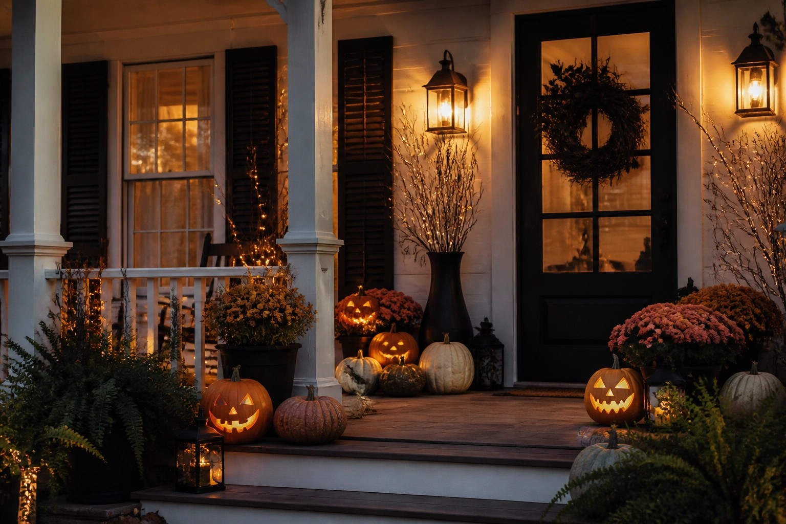 Front porch steps lined with glowing jack o lanterns surrounded by potted chrysanthemums and lanterns at dusk.