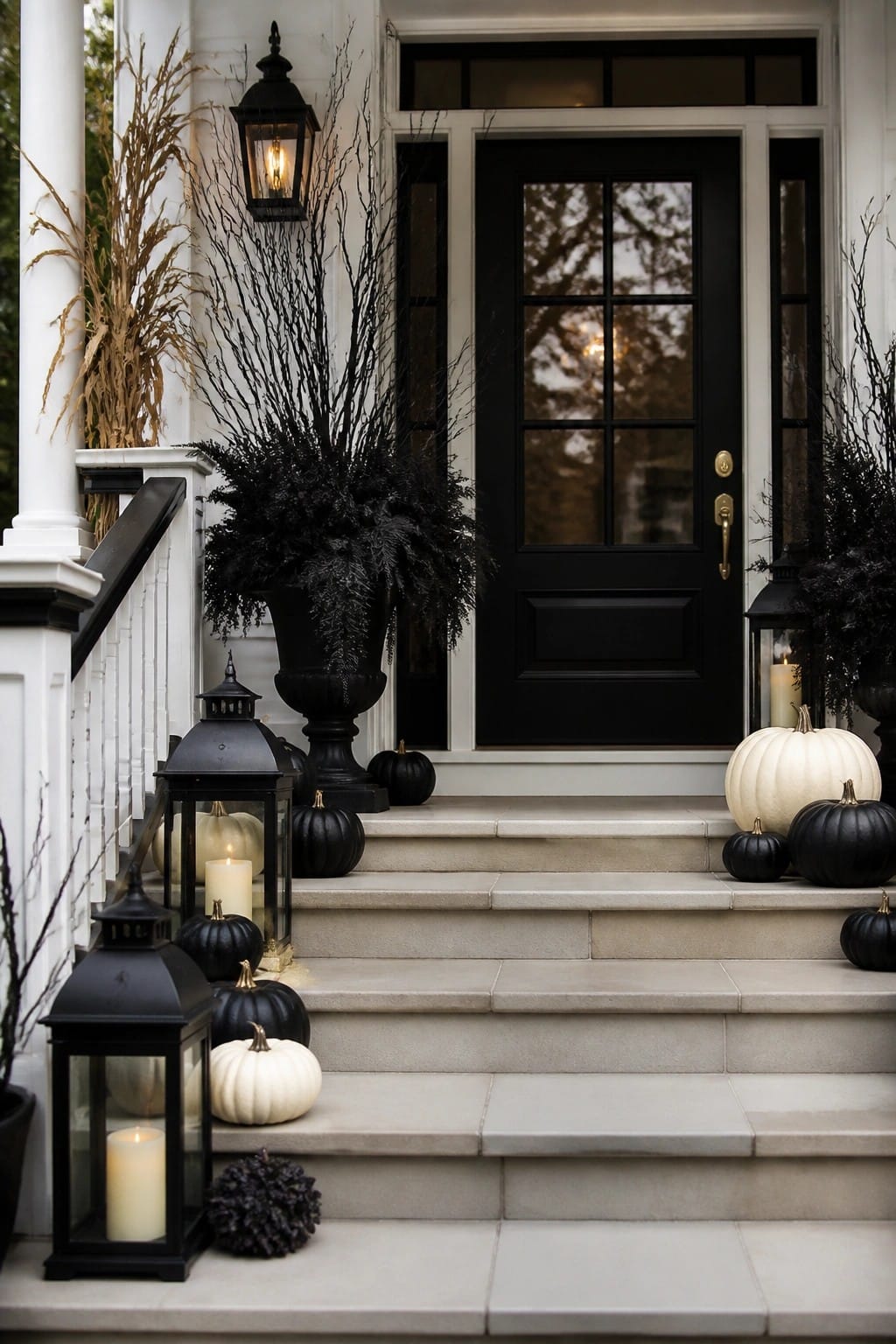 Front porch steps decorated with black and white pumpkins, black lanterns, and large black urns filled with dark foliage beside a black door.