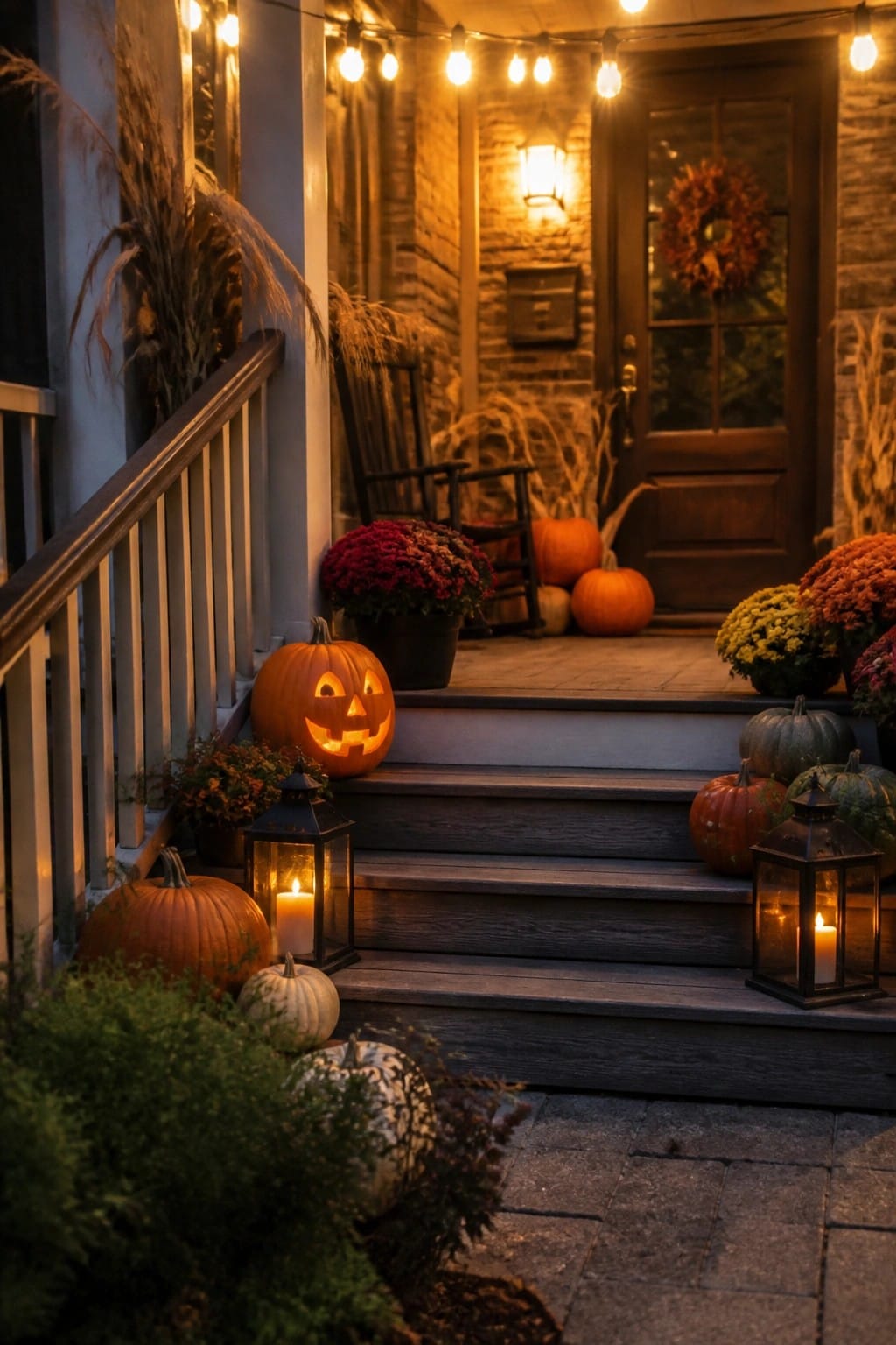 Front porch with multiple carved jack o' lanterns placed on the steps alongside glowing lanterns.