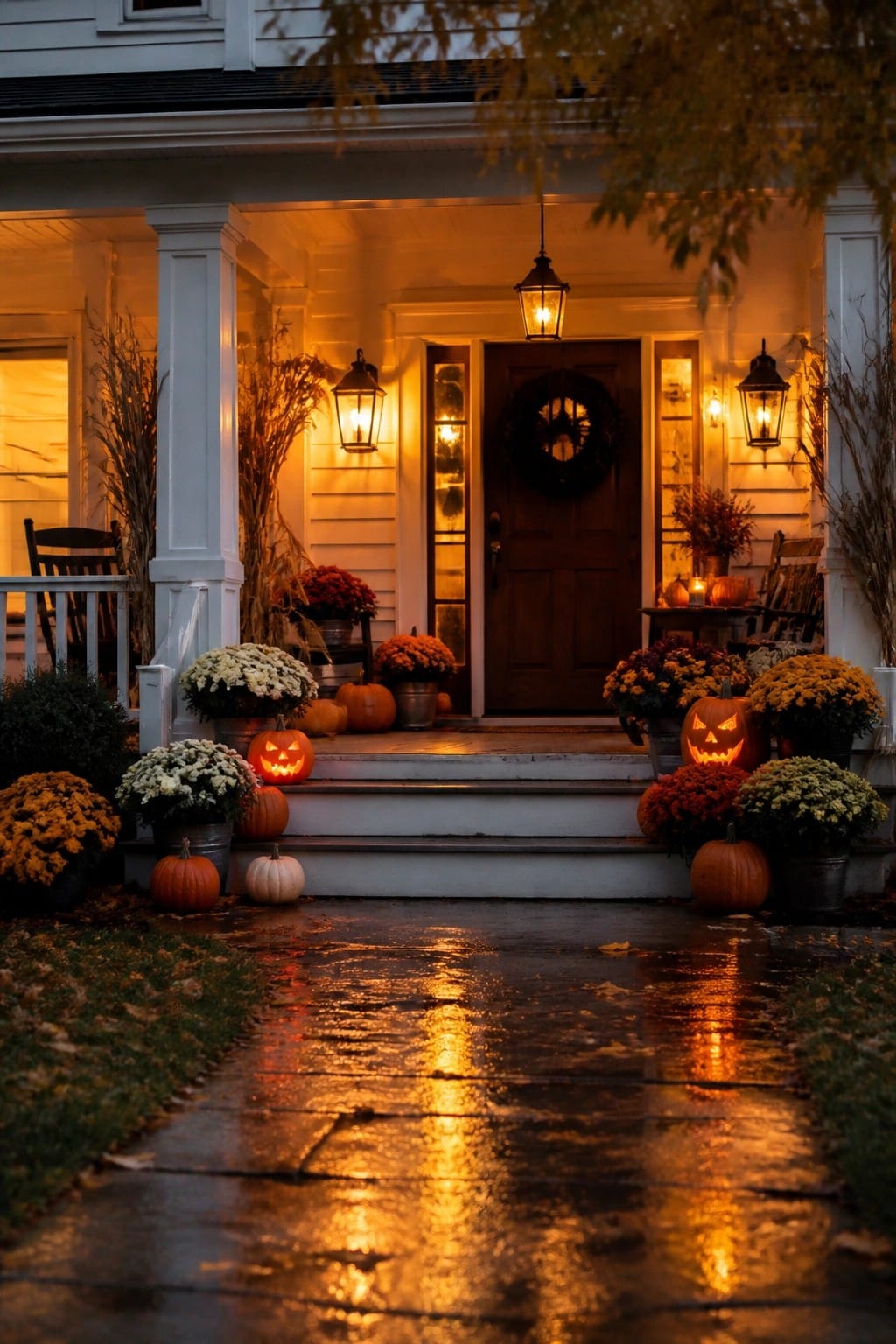 Front porch steps lined with glowing jack o lanterns surrounded by potted chrysanthemums and lanterns at dusk.