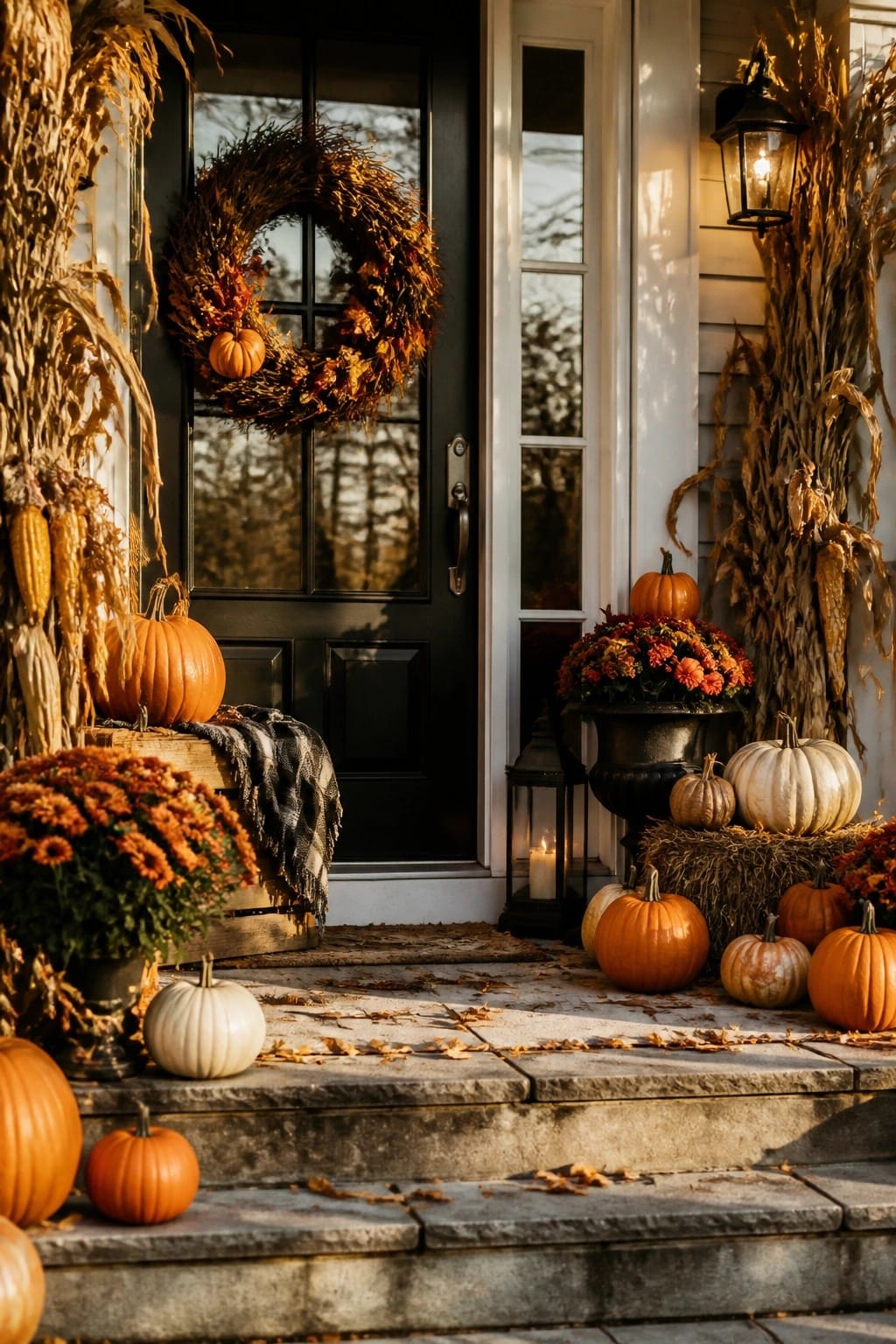 Front porch with pumpkins of various sizes and colors arranged on the steps and around a black door with an autumn wreath.