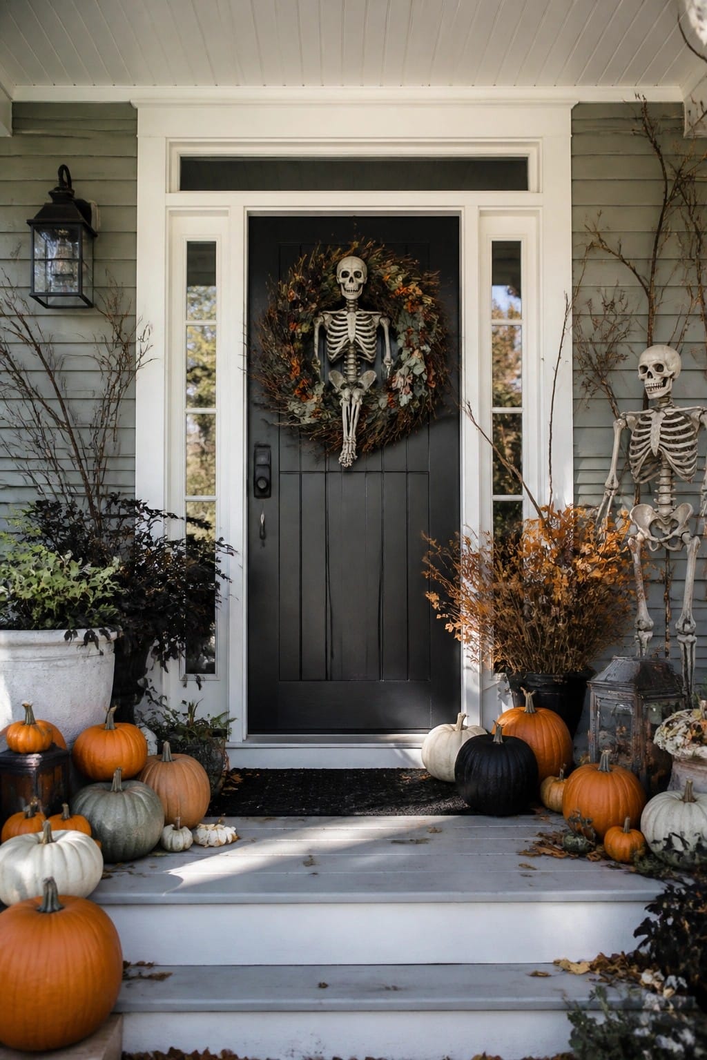 Front porch with a black door displaying a large wreath that incorporates a skeleton figure, a standing skeleton on the right, and pumpkins arranged on the steps.