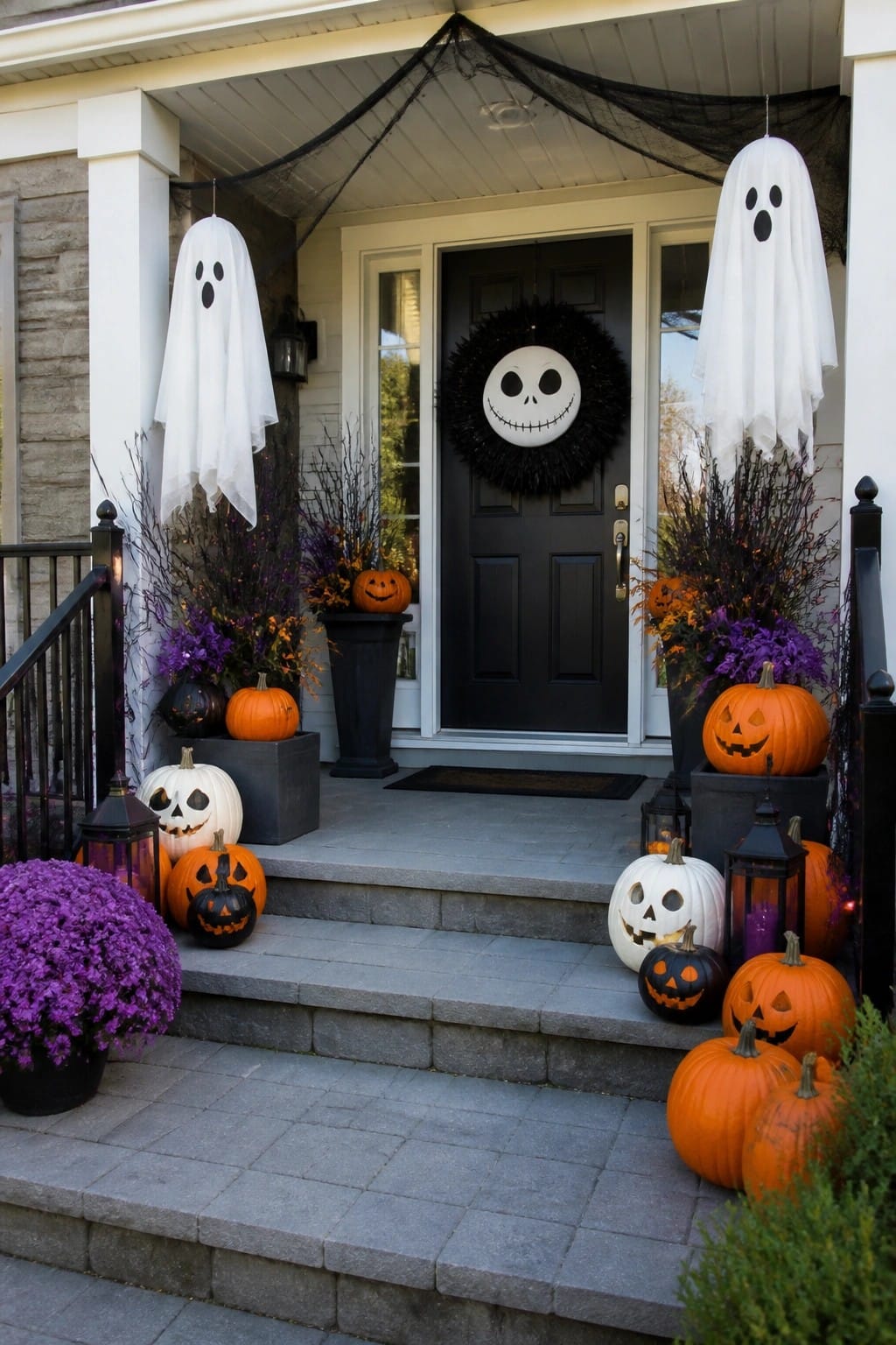 Front porch with two white fabric ghosts hanging from the overhang, a black wreath with a Jack Skellington face on the door, and carved pumpkins arranged on the steps and in planters.
