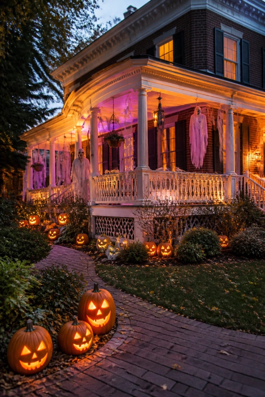 Front porch decorated with several white hanging ghosts and rows of carved jack o lanterns along the brick walkway and garden beds.