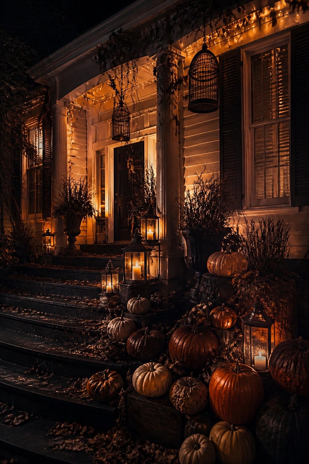 Front porch steps covered with orange and white pumpkins of different sizes along with several lit lanterns and dried foliage.