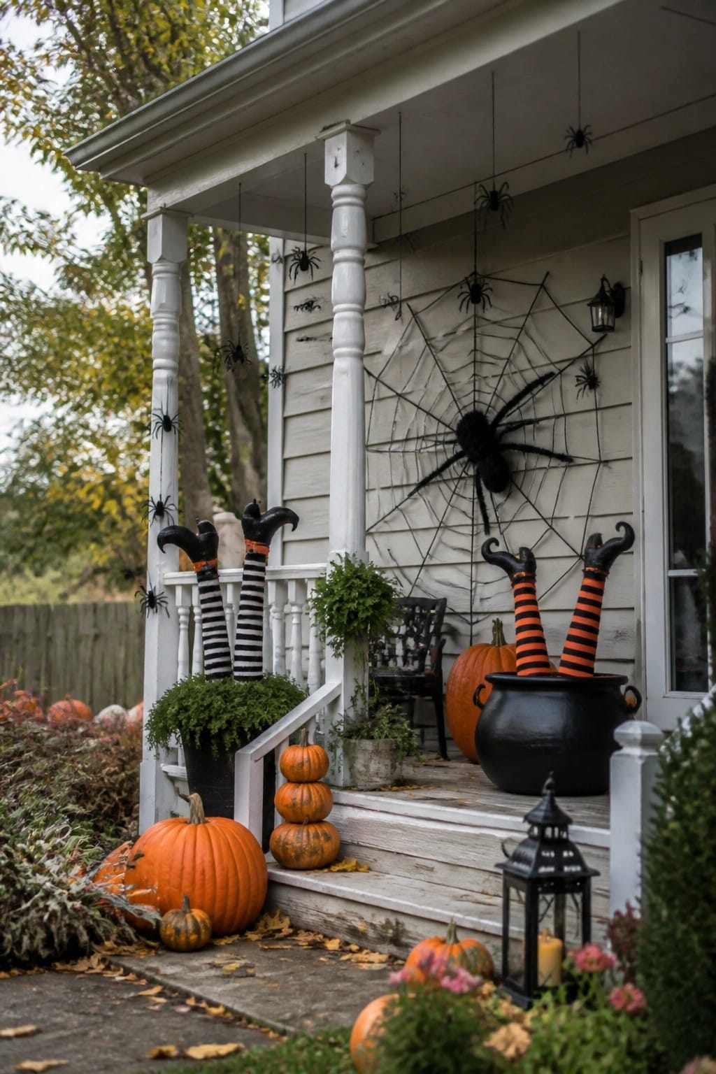 Front porch decorated with witch legs in a black cauldron, a large spiderweb with spider on the wall, and scattered pumpkins.