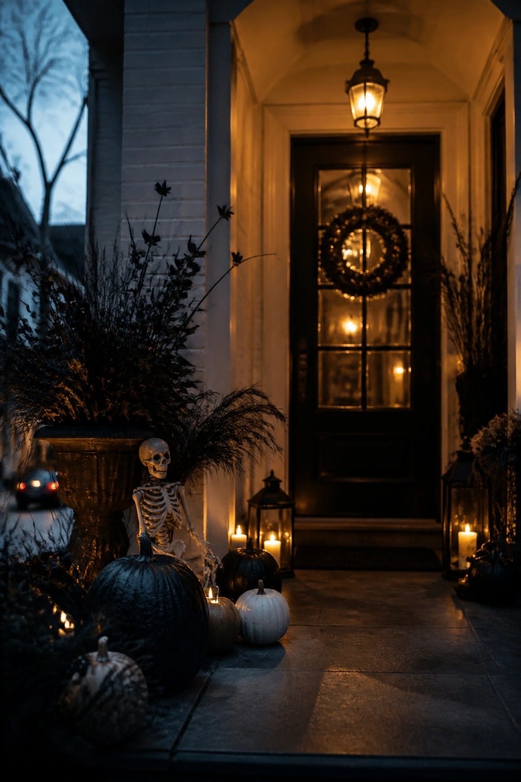 Spooky porch with skeleton, pumpkins, candles, lanterns, and wreath on dark door at night