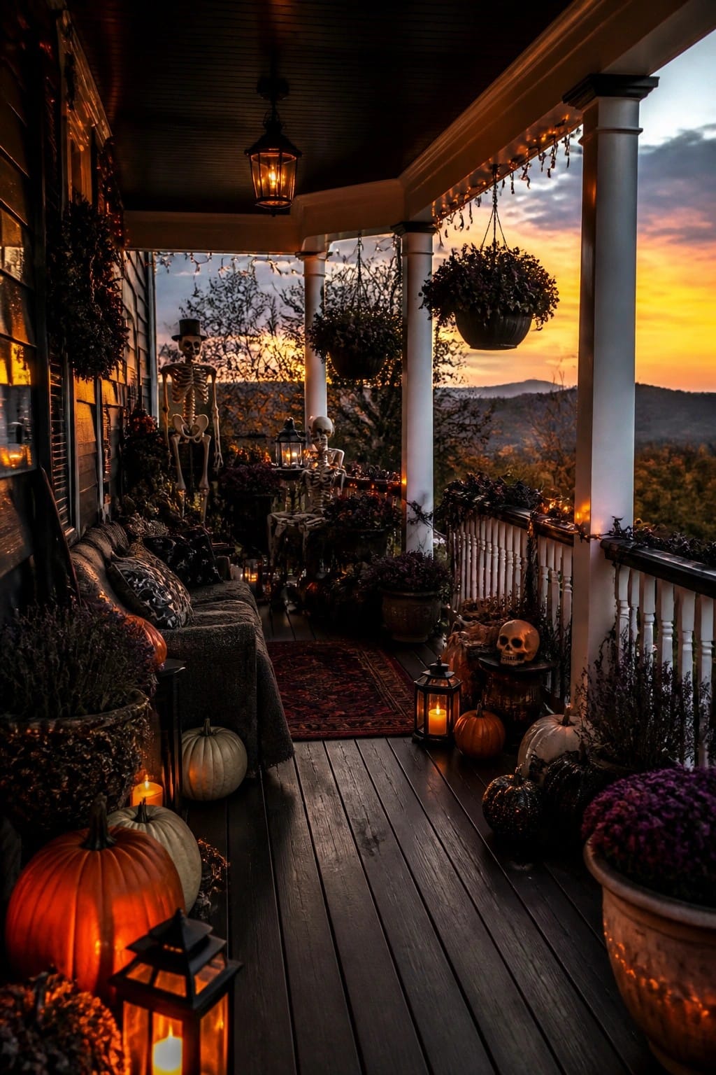 Front porch at dusk decorated with multiple posed skeletons, glowing lanterns, pumpkins, and string lights along the railing.