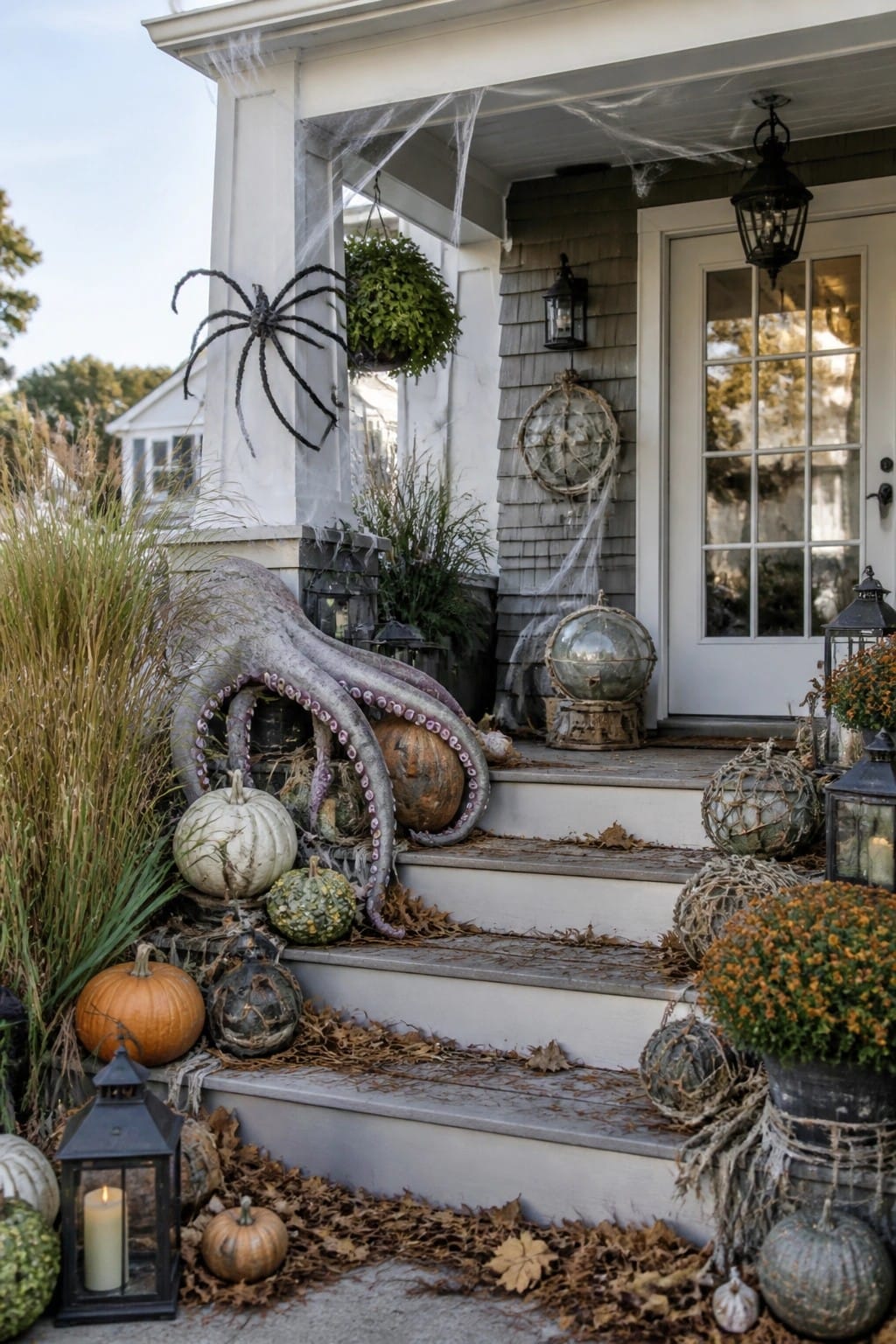 Front porch steps decorated with a large gray octopus tentacle, pumpkins, spiderwebs, and a giant spider.