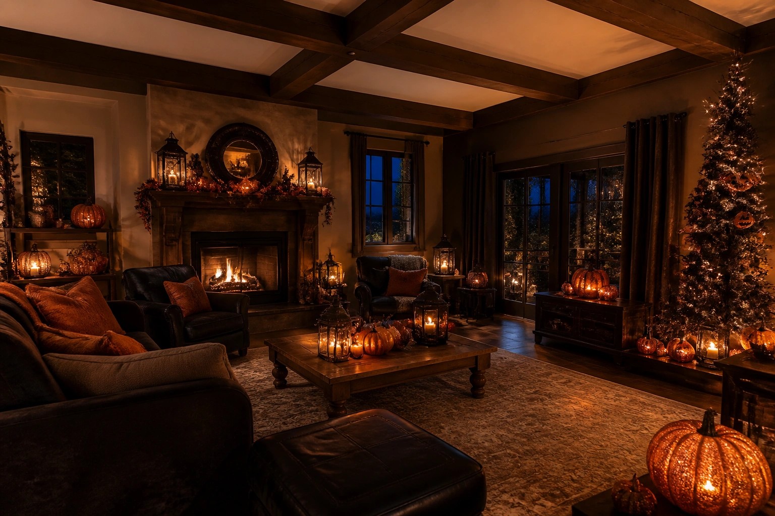 Living room fireplace decorated with multiple carved jack o lanterns on the mantel and hearth, black bats on the wall above, and a lit fire.