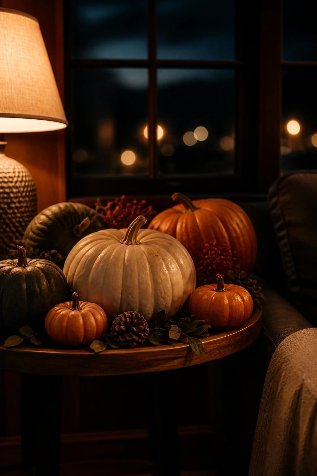Round wooden table with white, orange, and green pumpkins arranged together near a window at night.