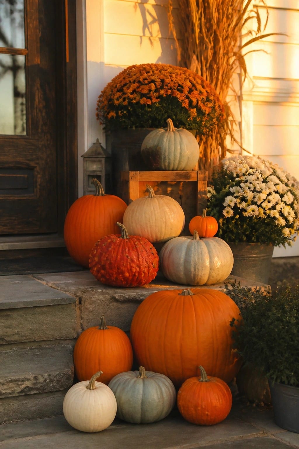 Stone steps at a front door lined with pumpkins in orange, white, and blue gray tones beside potted orange and white mums.