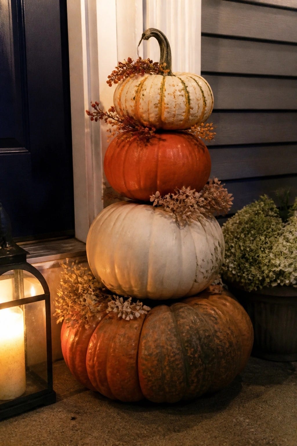 Tall stack of white, orange, and mottled pumpkins arranged on a porch with dried foliage accents and a lit lantern nearby.