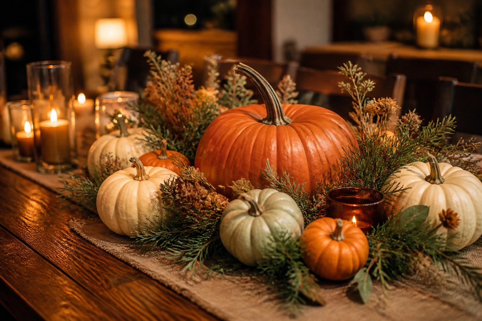 A wooden bowl on a table holds a large orange pumpkin surrounded by smaller pumpkins, gourds, wheat, and autumn leaves.