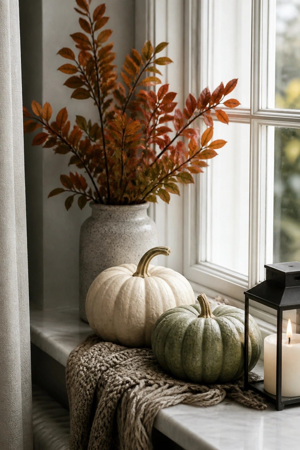 White and green pumpkins arranged on a marble windowsill with a beige knit blanket, a speckled vase of red leaves, and a lit black lantern.