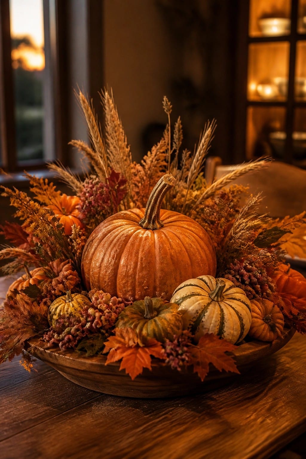 A wooden bowl on a table holds a large orange pumpkin surrounded by smaller pumpkins, gourds, wheat, and autumn leaves.