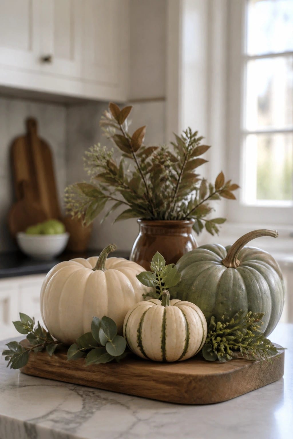 Three pumpkins of different colors and sizes arranged on a wooden board with greenery on a kitchen counter.