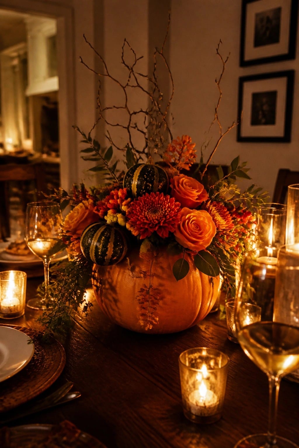 Dining table with a large orange pumpkin used as a vase holding orange roses, red flowers, striped gourds, and twigs, surrounded by lit candles and place settings.