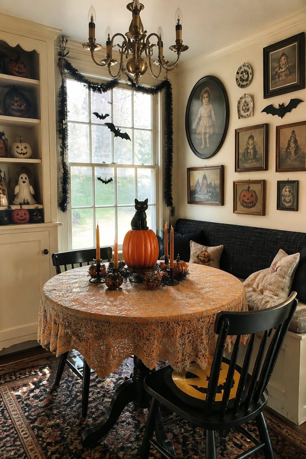Dining room table decorated with a large orange pumpkin topped by a black cat, surrounded by candles and small pumpkins on an orange lace tablecloth.