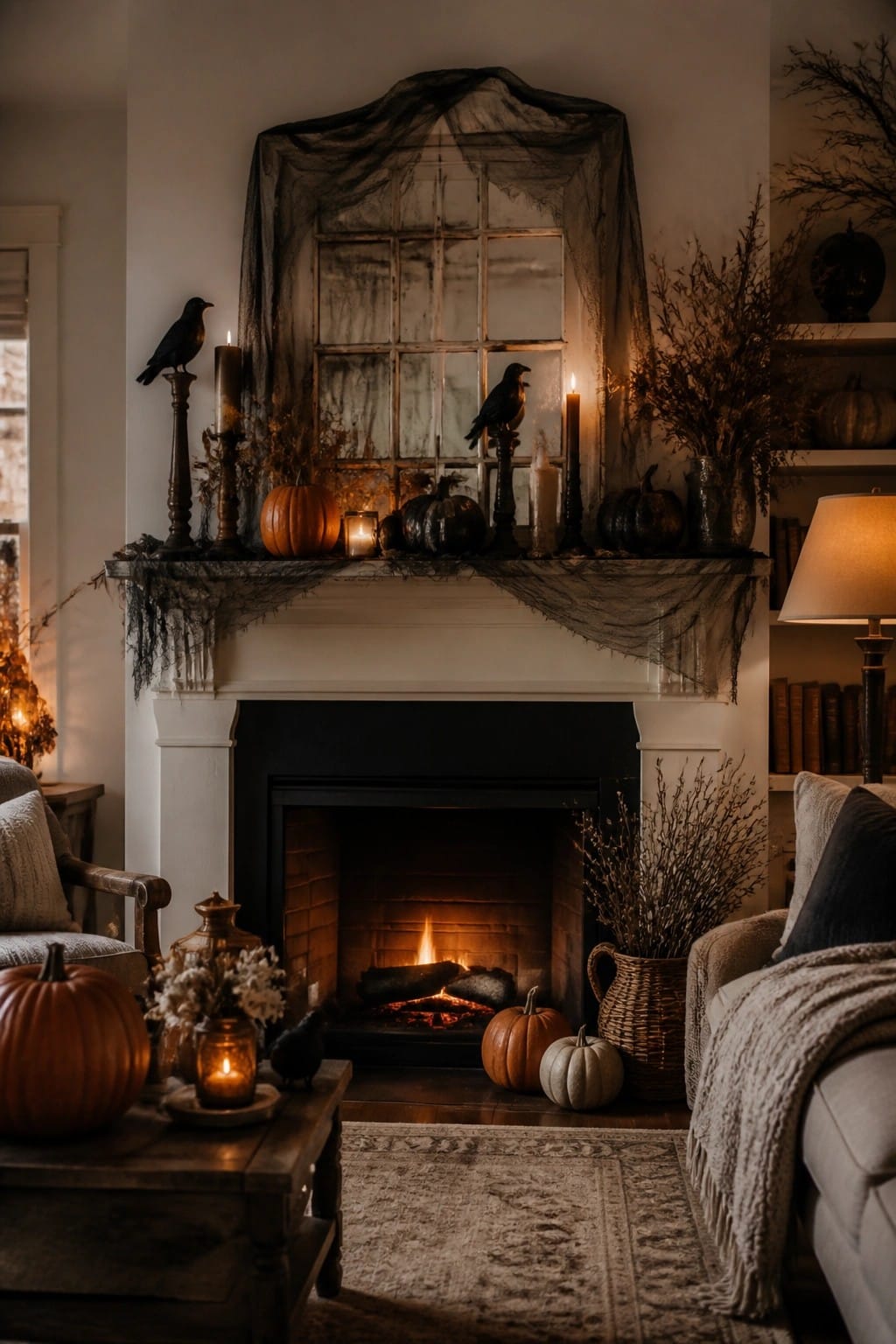 White fireplace mantel styled with black spiderweb fabric, black crows on stands, pumpkins, and candles.