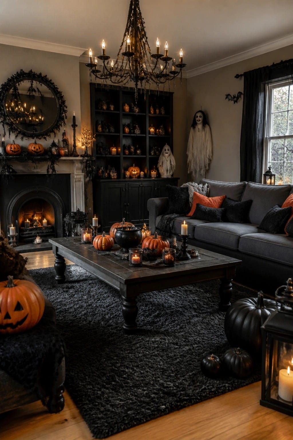 Living room with dark gray sofa, carved pumpkins on coffee table and floor, white ghost figures near bookshelf and wall, and black bats on the wall.