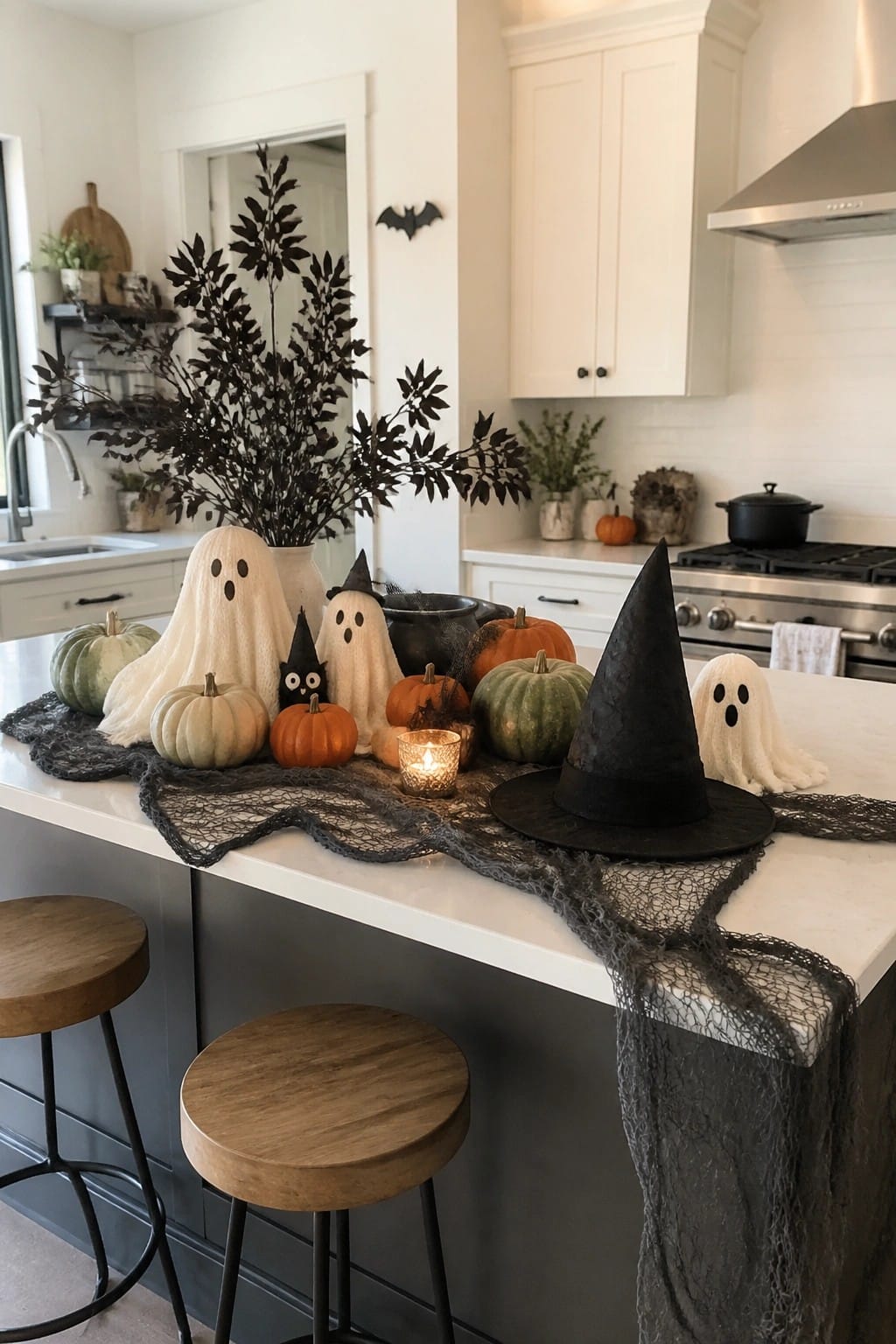 Kitchen island styled with white fabric ghosts, pumpkins, a black witch hat, black netting, and dark branches in a white vase.