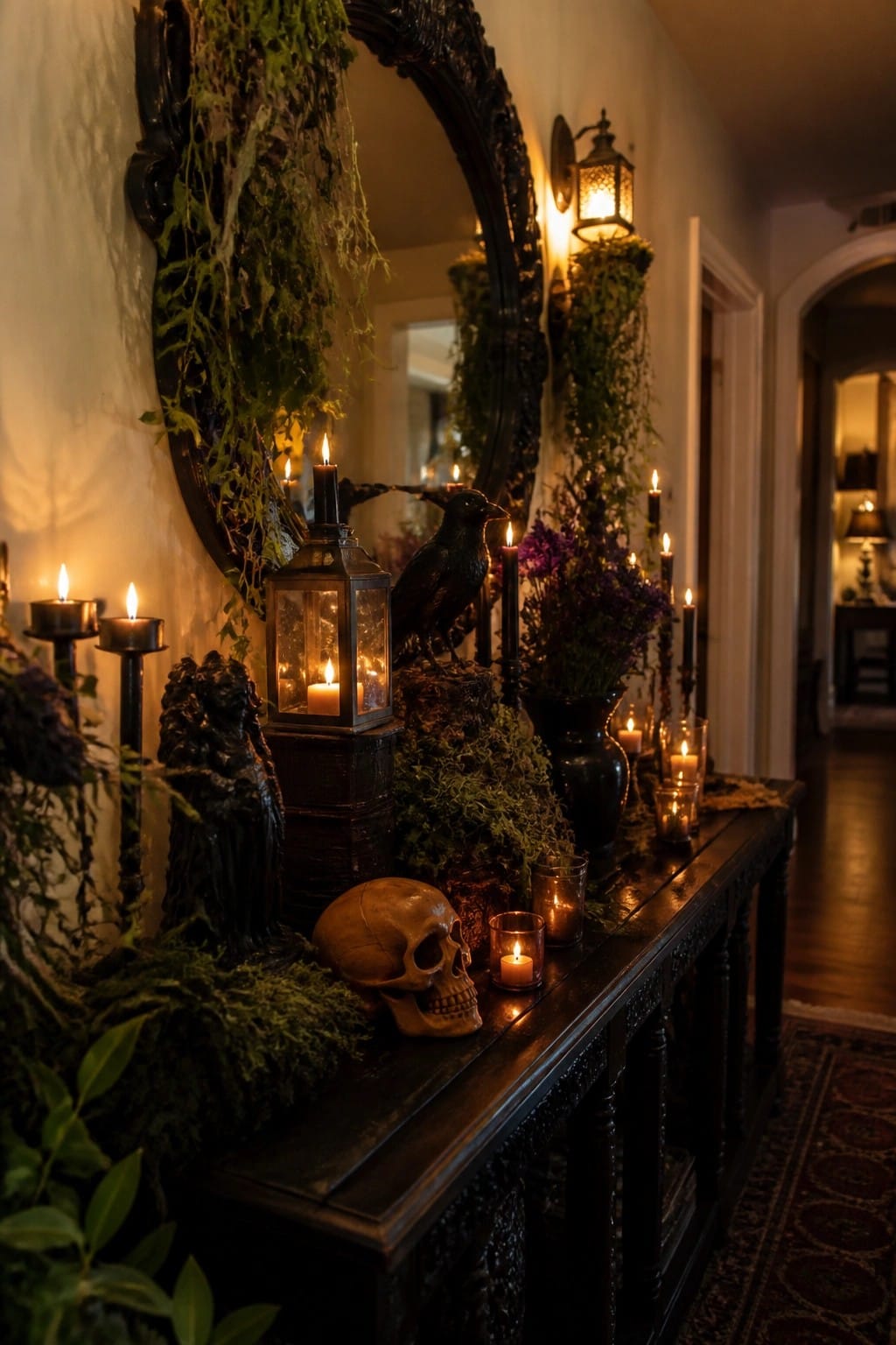 Entryway console table styled with a human skull, black bird figure, moss, and many lit candles in front of an ornate mirror.