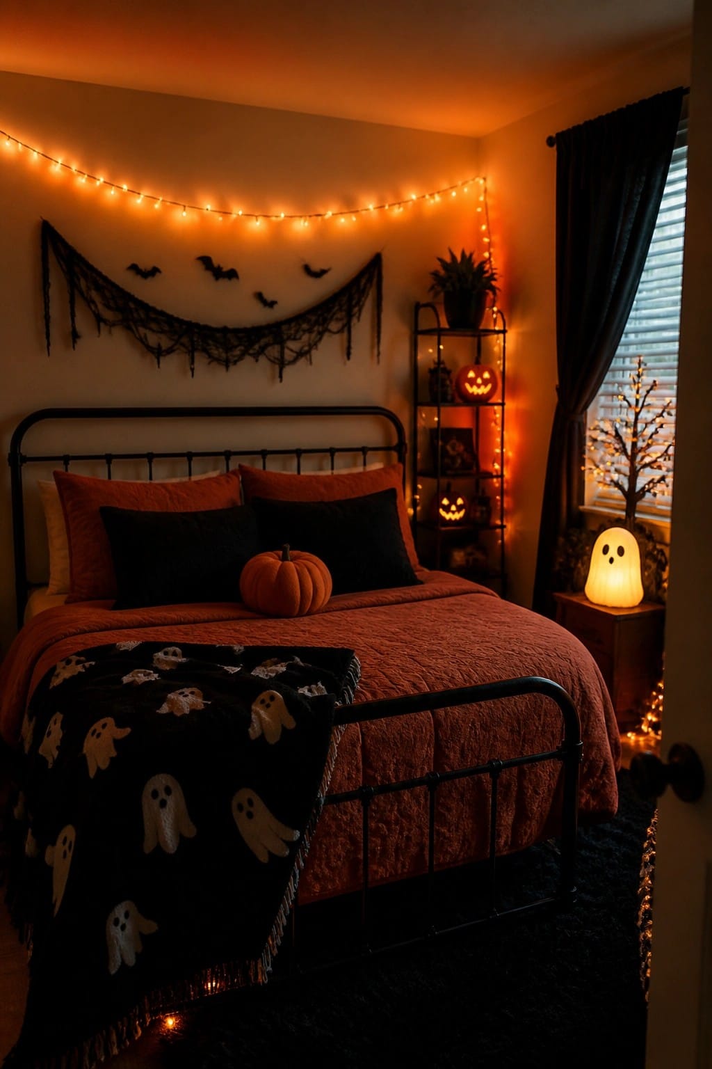 A bedroom with a black ghost patterned blanket draped over an orange bed, paper bats on the wall above, and string lights along the ceiling.