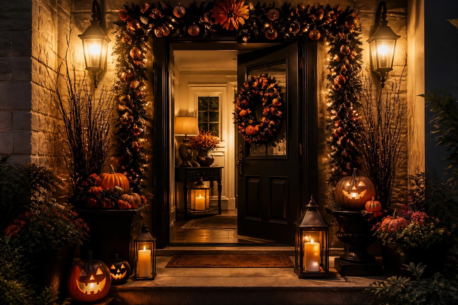 Front porch with a black door, witch hat and broom on the wall, carved pumpkins on the steps, and a black cat sitting in the doorway.