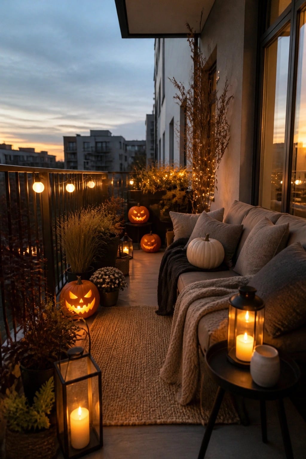 A balcony at dusk with multiple glowing jack o lanterns placed among plants, string lights, and a cozy seating area.