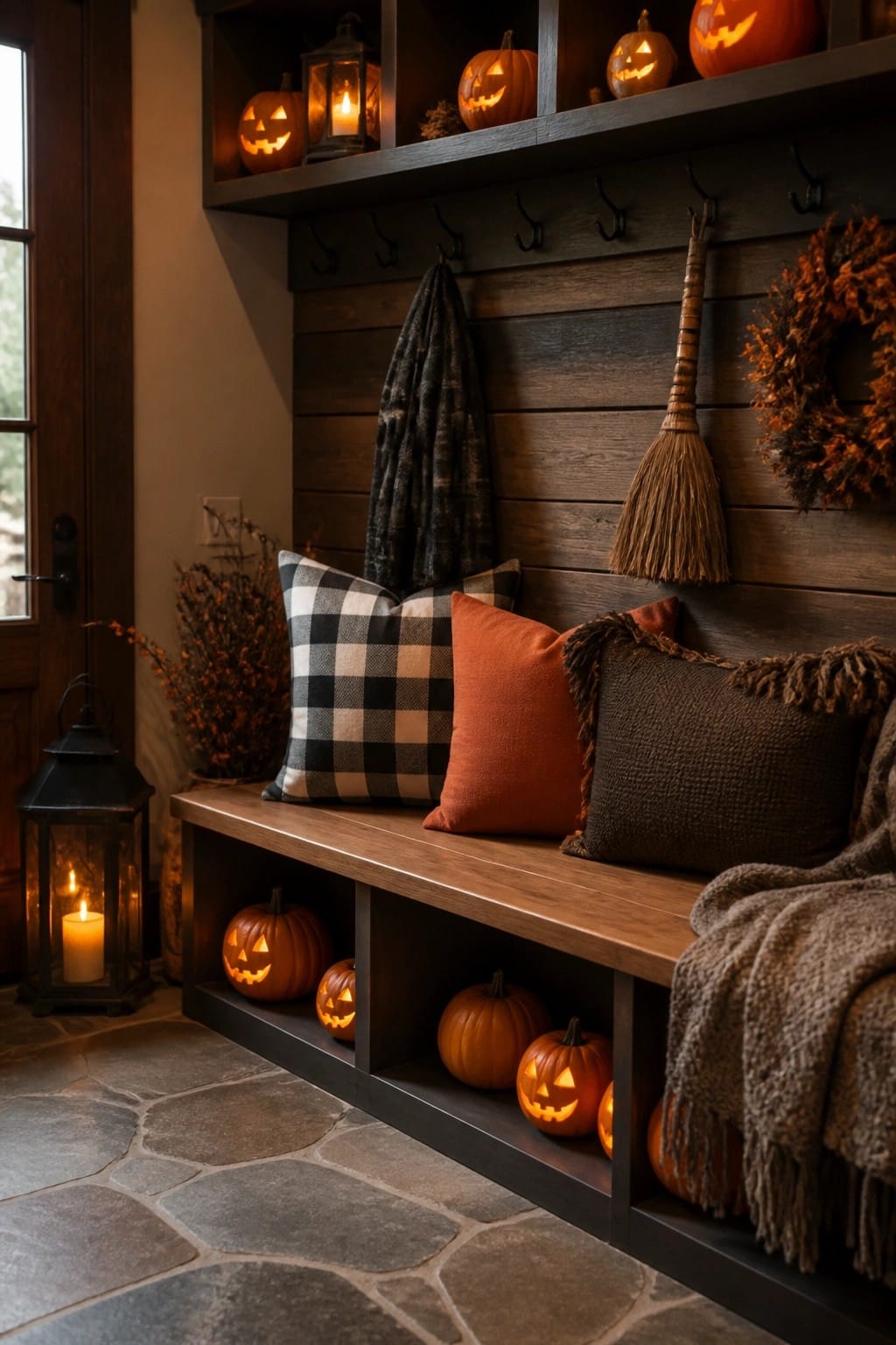 Wooden bench with checkered and orange pillows amid glowing jack-o'-lanterns and fall decor