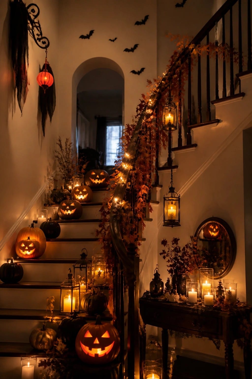Staircase lined with carved jack-o'-lanterns of different sizes, black bat cutouts on the wall, and lanterns with string lights along the railing.