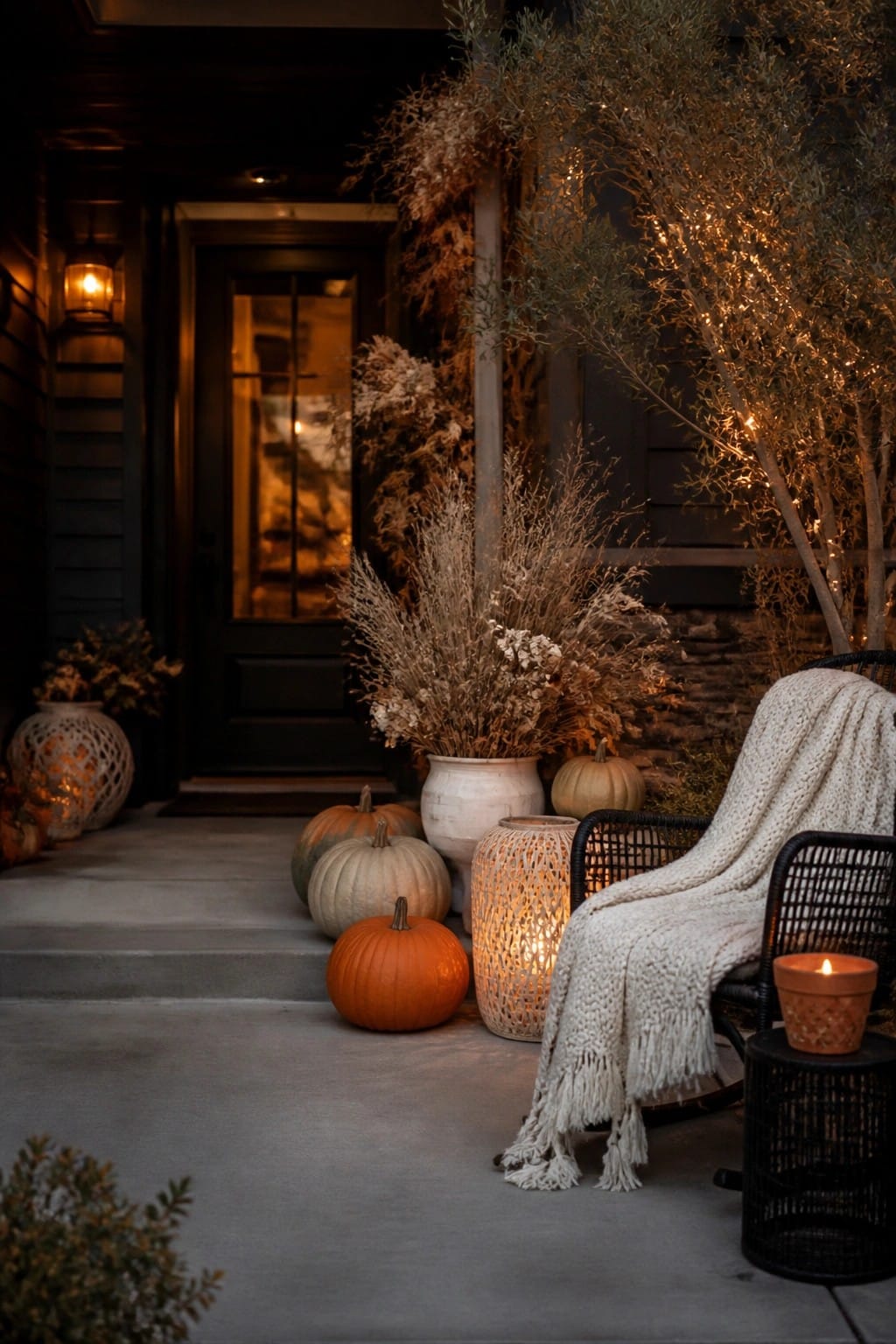 Front porch steps lined with several pumpkins in different sizes and colors, next to dried floral arrangements and glowing lanterns.