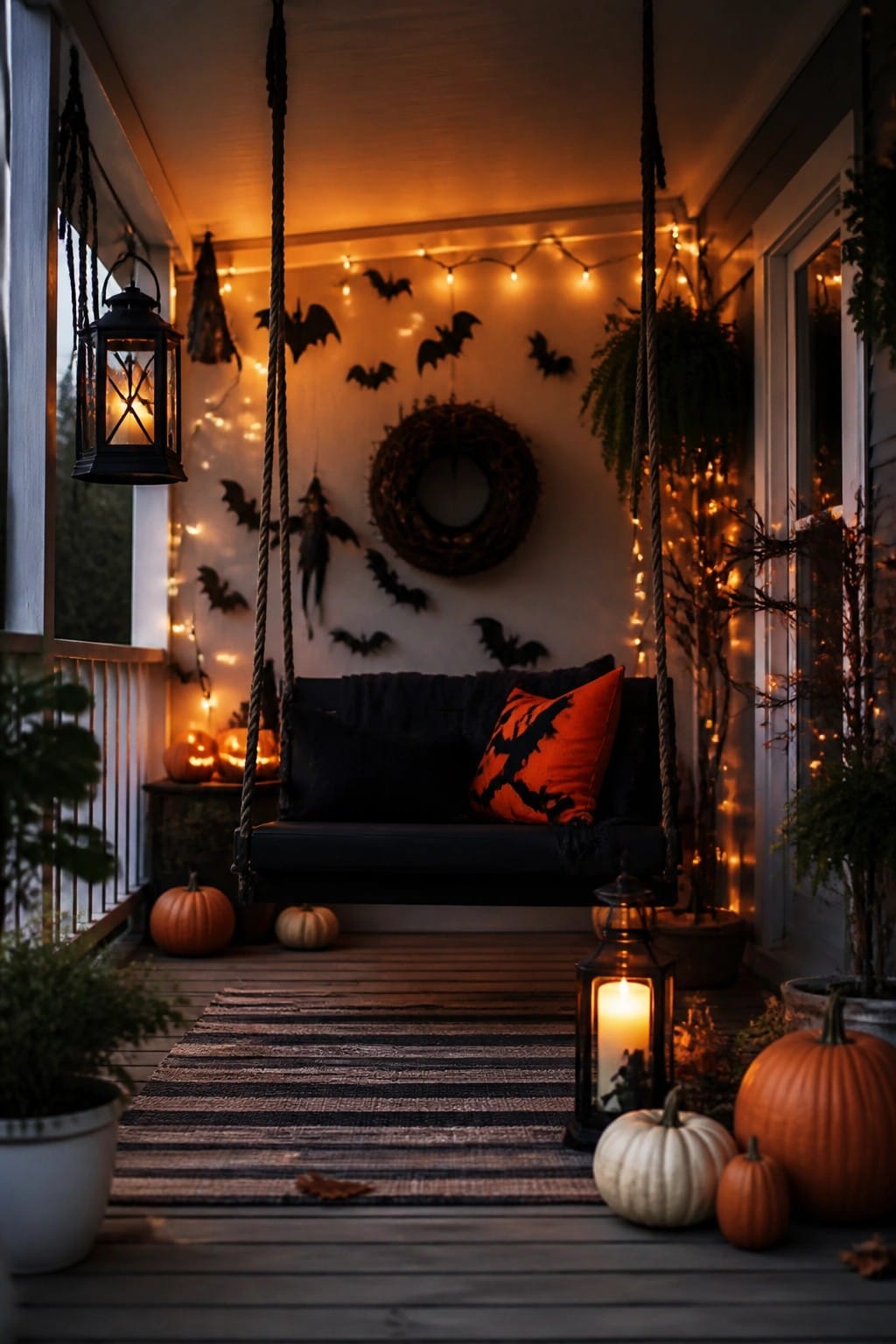 A front porch swing with black bat cutouts on the wall behind it, string lights, and an orange bat pillow.