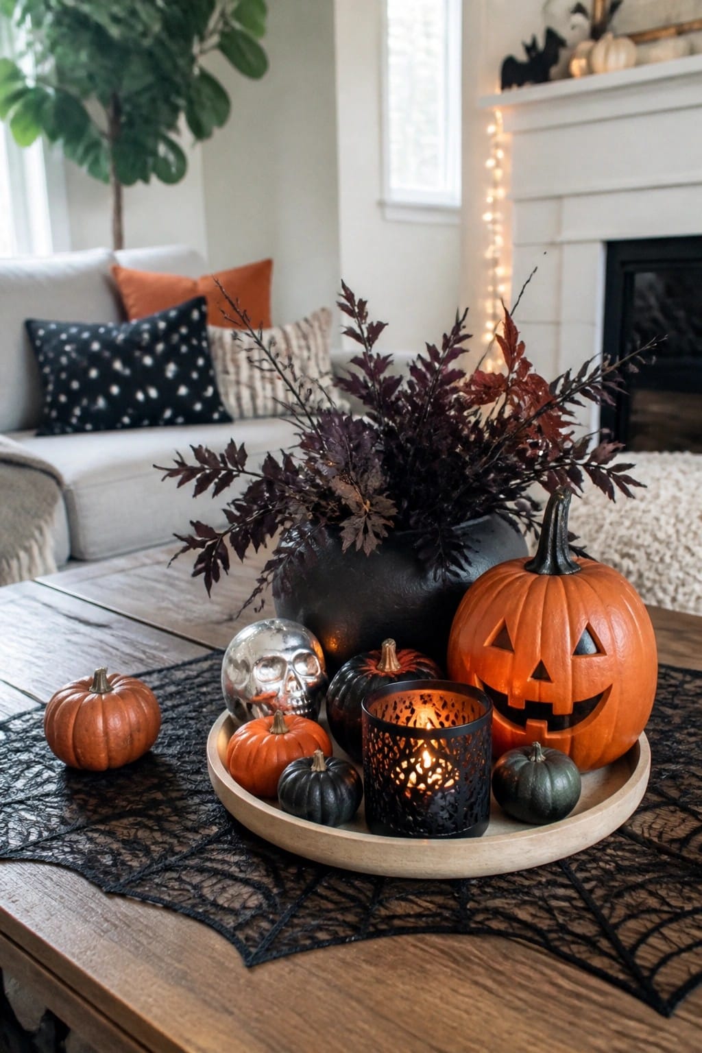 Wooden tray on a coffee table holding small orange and black pumpkins, a metallic skull, and a lit black candle, with a carved jack-o'-lantern and black pumpkin vase behind it.