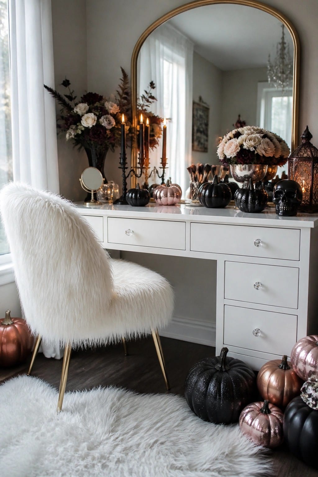 White vanity table styled with black and metallic pumpkins, a black skull, black candles, and floral arrangements in front of a large arched mirror.