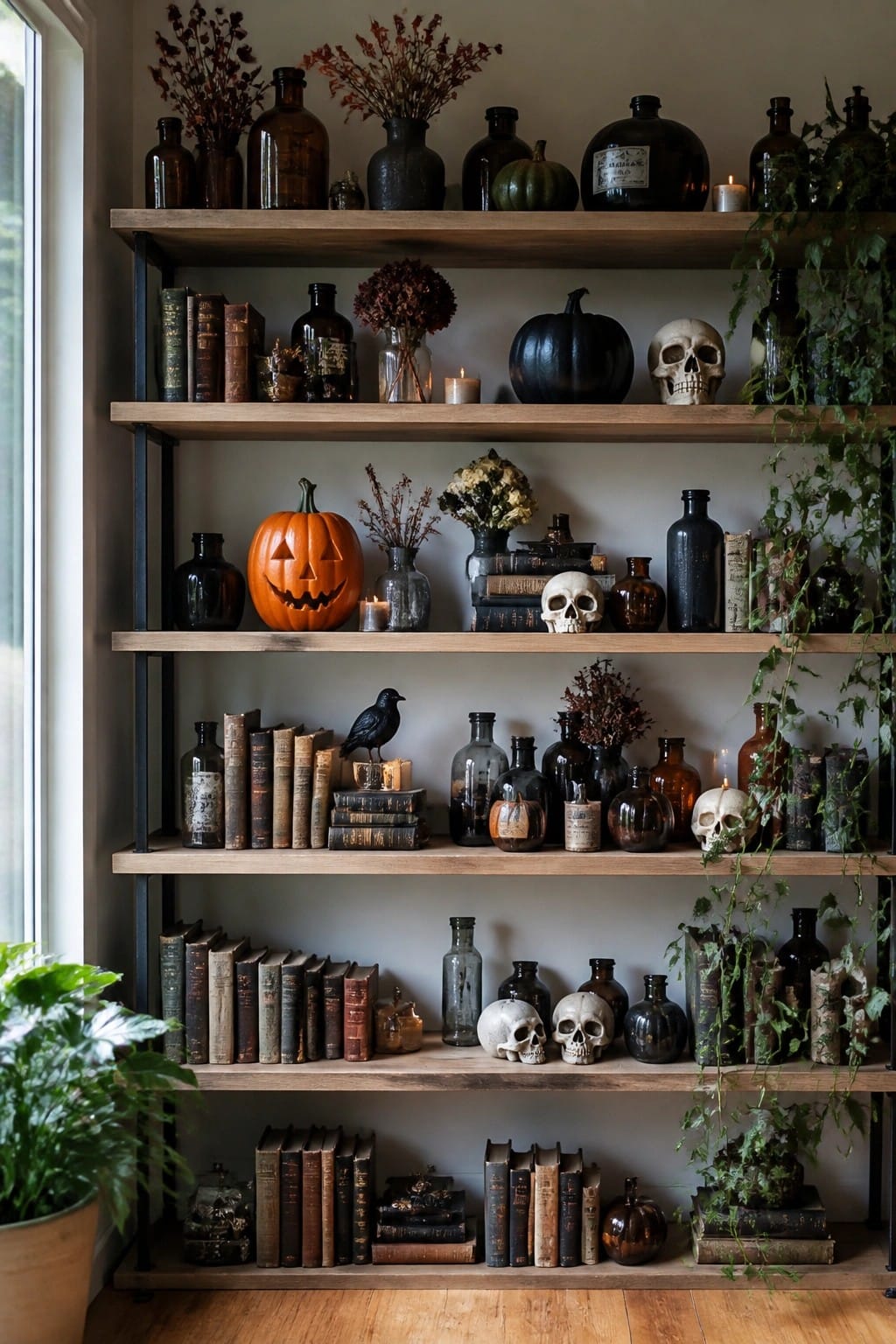 Wooden shelves with pumpkins, skulls, old books, glass bottles, candles, and dried flowers