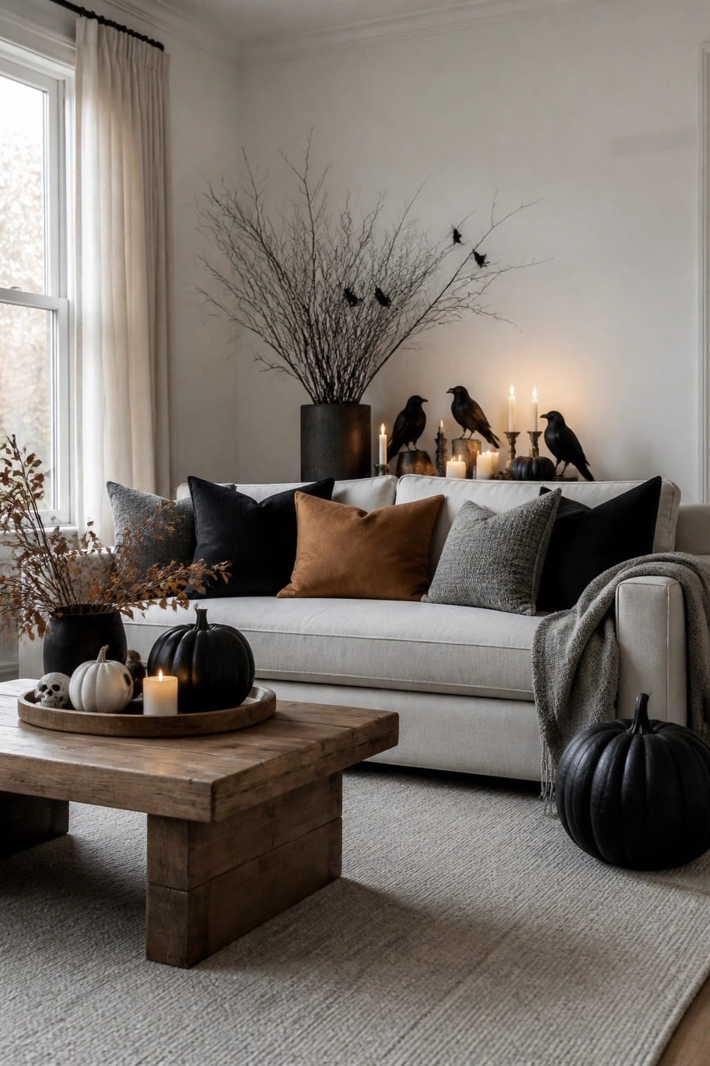 Light-colored living room sofa with black crows placed on tall bare branches behind it, accompanied by black pumpkins and lit candles.