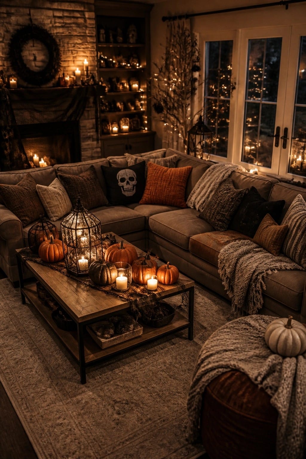 Cozy living room with orange pumpkins, candles, lanterns, and skull pillow on sofa