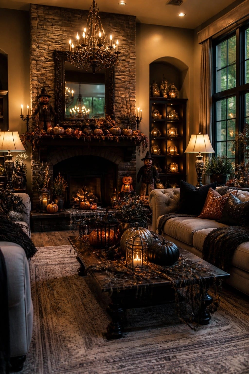 Living room fireplace mantel decorated with small pumpkins, garland, candles, and scarecrow figures beside a large mirror.